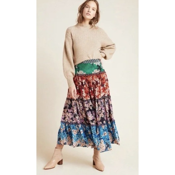 Anthropologie Bhanuni by Jyoti Colorful Tiered Floral Maxi Skirt SZ 2 Boho Silky - Picture 2 of 12